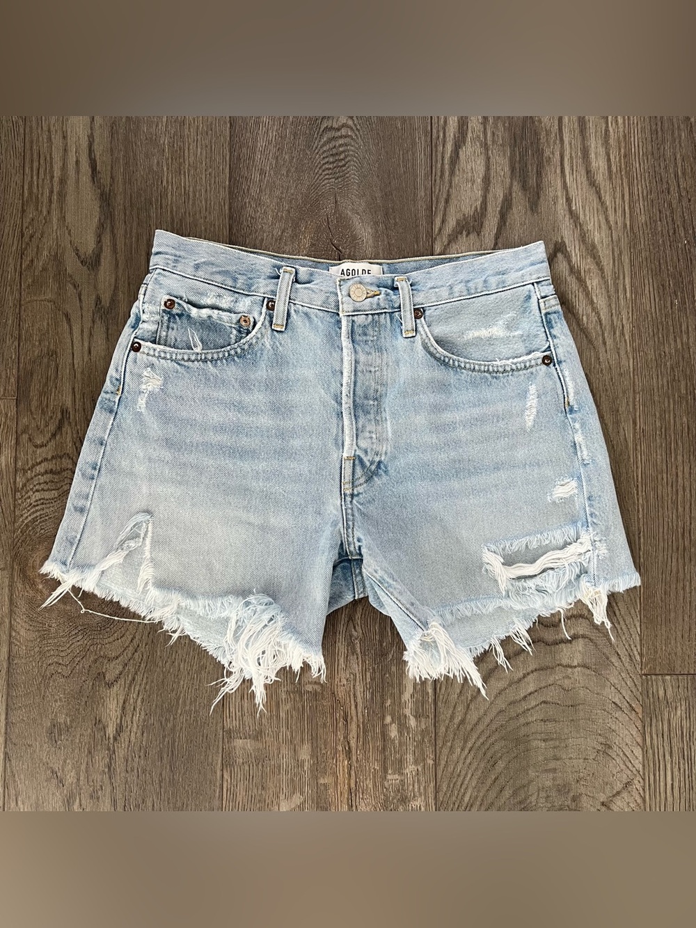AGOLDE Parker Long High Rise Cutoff Denim Jean Shorts Size 26 - Picture 3 of 10